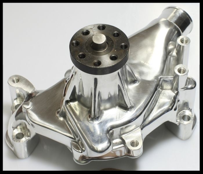 SBC CHEVY 305 350 LONG REVERSE ROTATION POLISHED ALUMINUM WATER PUMP HC